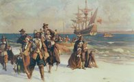 A Mayflower utasai 1620 novemberében megérkeznek Plymouthba. W.J. Aylward festménye
