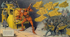 Hearst bolondként szórja a népnek sárga újságait egy 1910-es karikatúrán (kép forrása: laphamsquarterly.org)