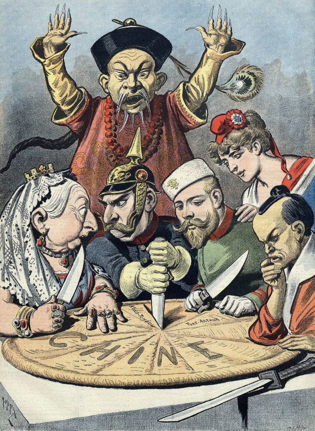 Francia karikatúra Kína felosztásáról, bal oldalon Viktória királynő jelegzetes ábrázolása