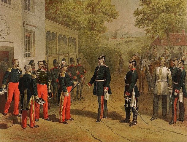 III. Napóleon francia császár átadja kardját Otto von Bismarcknak az 1870. szeptember 1-jén lezajlott sedani csata után