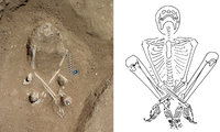 A terhes fiatal nő csontváza. Mivel a fent látható pózban találták meg a maradványait, a kutatók feltételezik, hogy halála előtt megkötözték