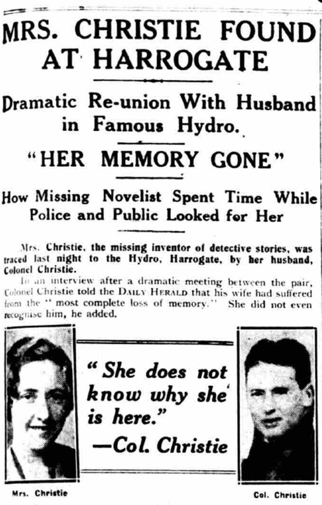 A Daily Herald címlapsztorija Christie megtalálásáról, 1926. december 15.