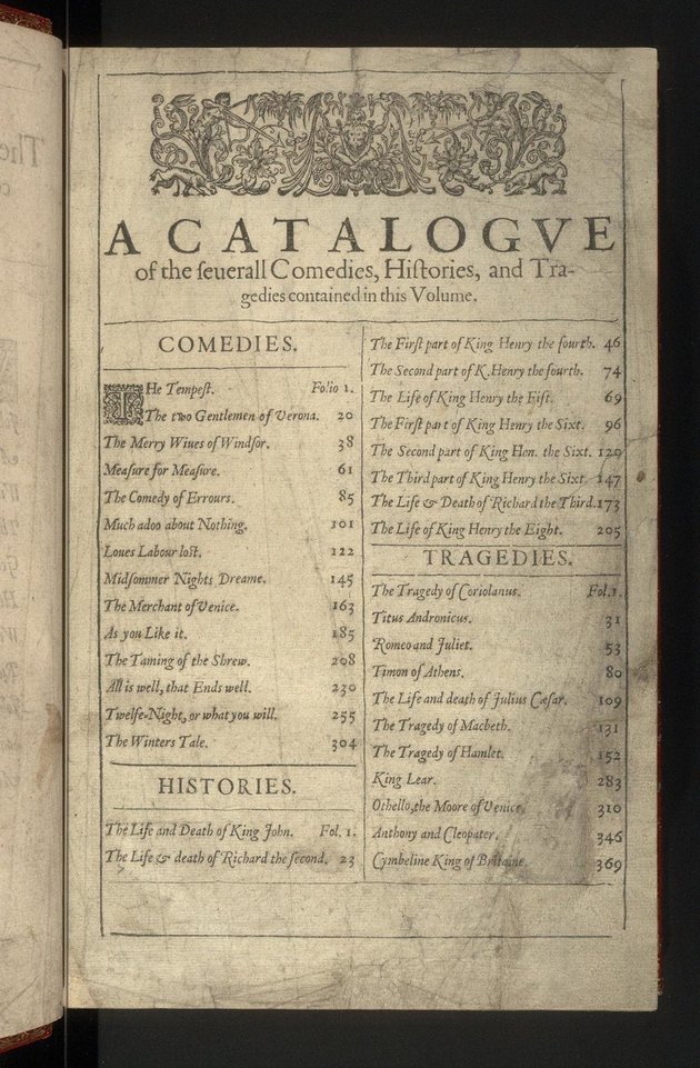 AZ Első folio tartalomjegyzéke